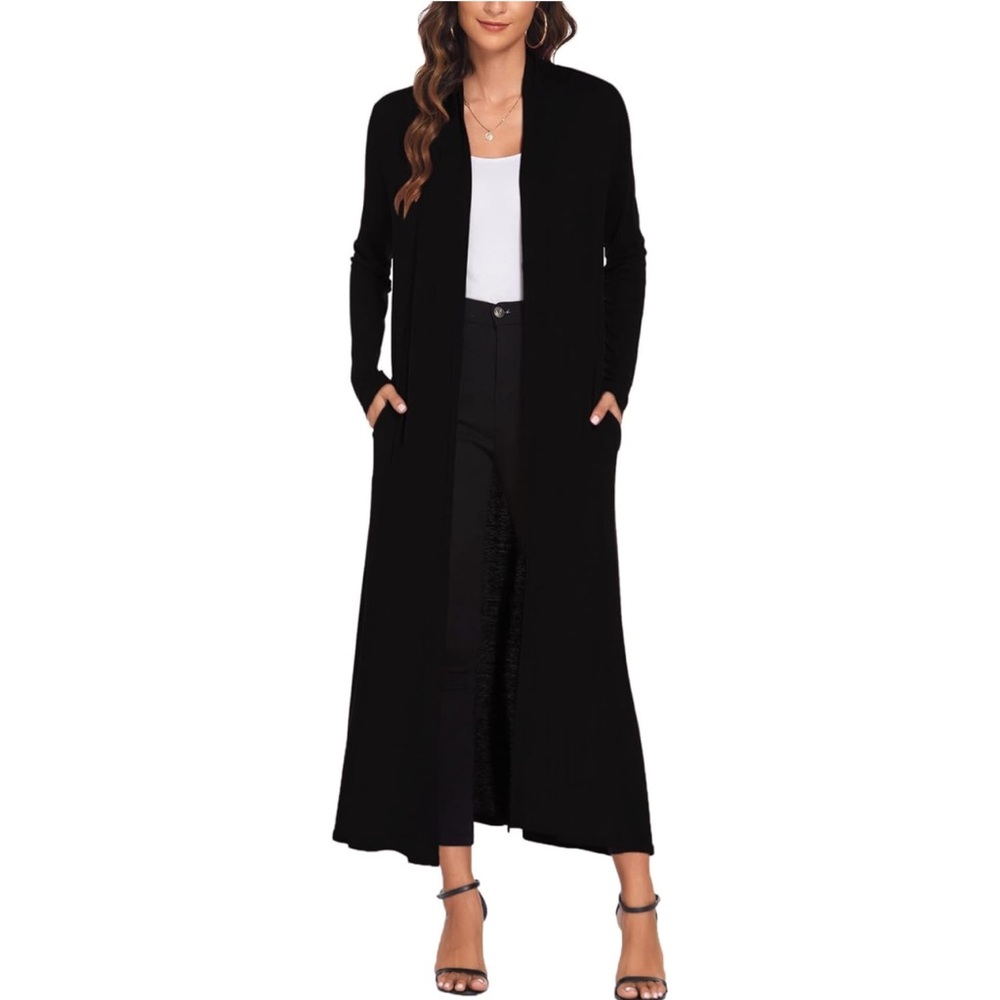 Long Open Front Black Cardigan Duster